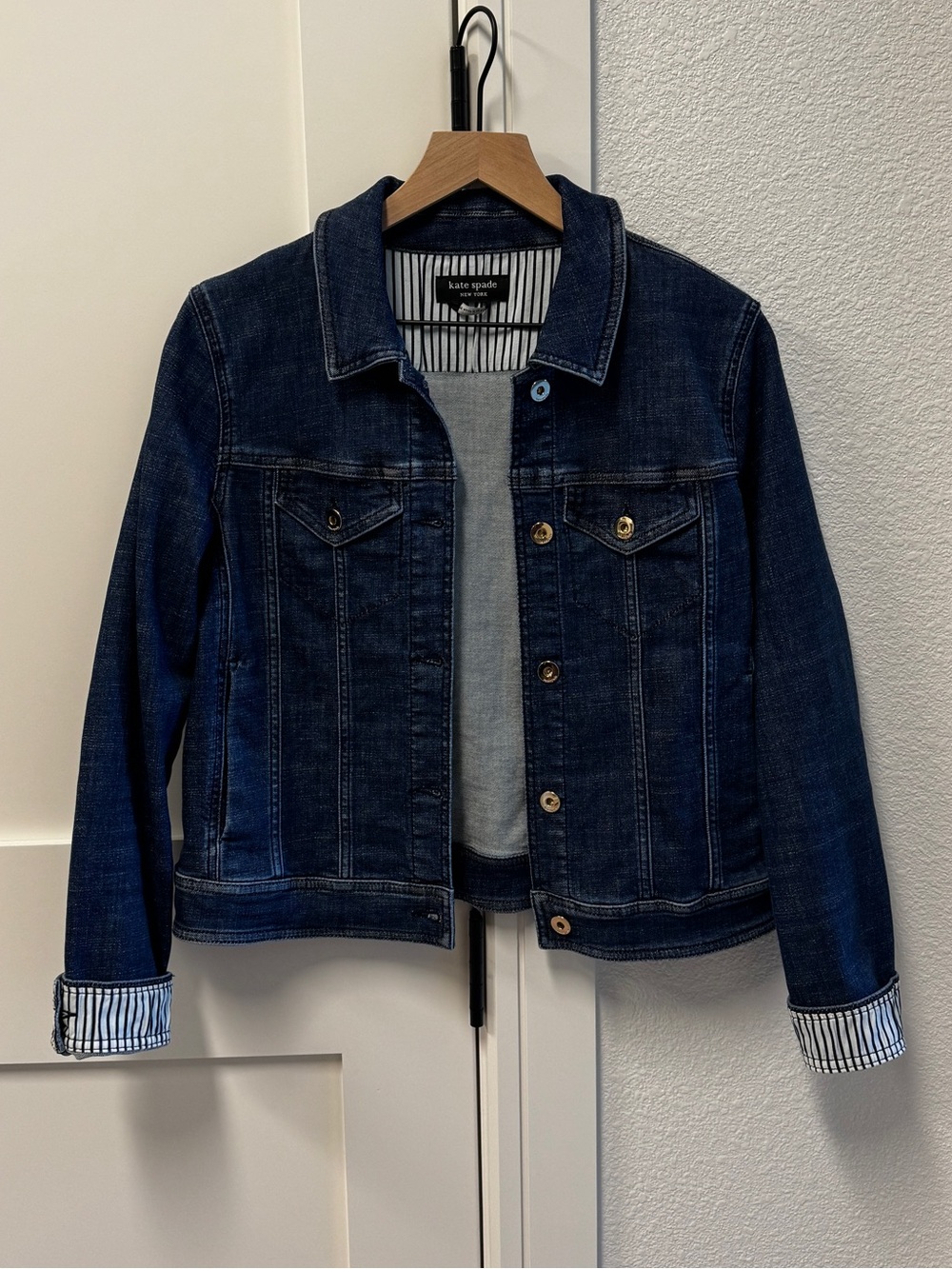 Kate Spade Blue Denim Jacket with Striped Cuffs